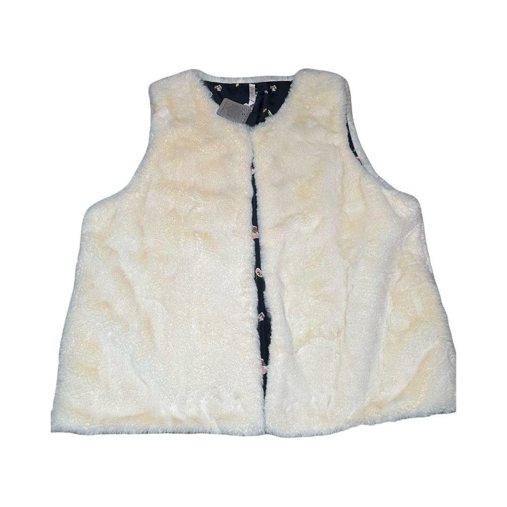 Matilda Jane Faux Fur Vest Womens XXL Ivory White Sleeveless Floral Lined Cozy